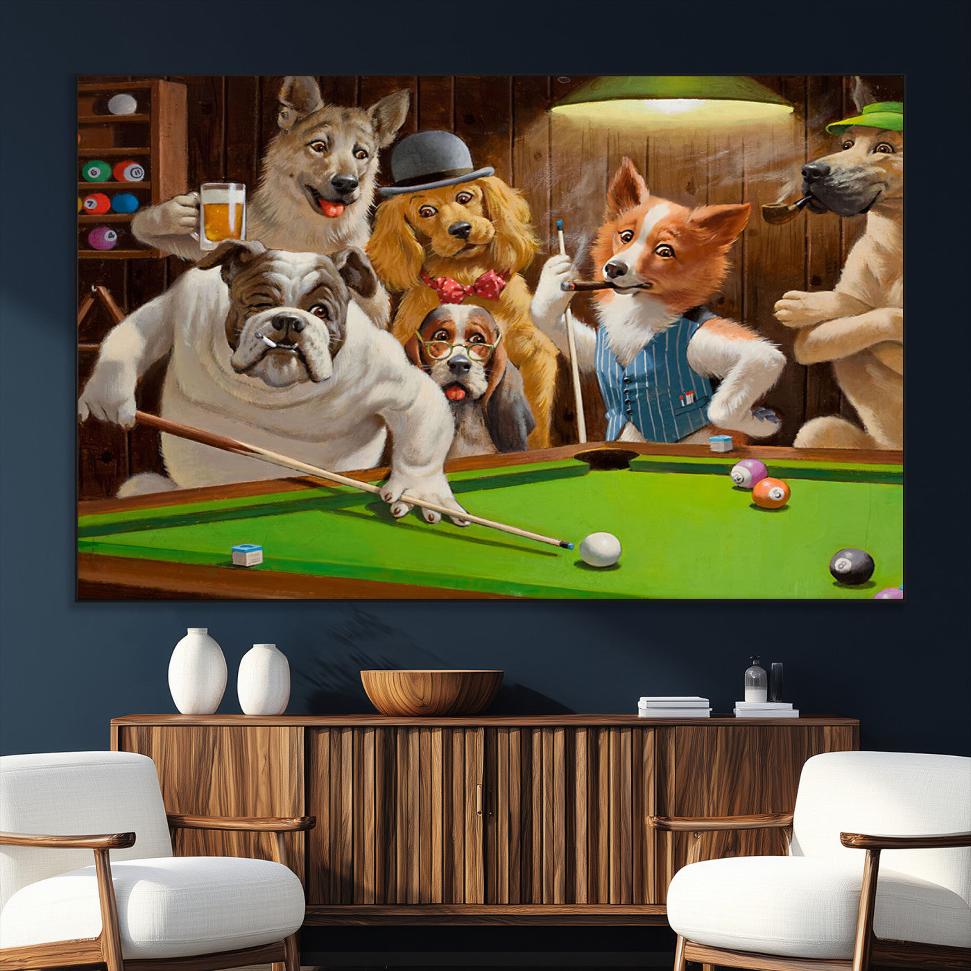 SEG-FC-51X34_Oversize - Dogs Playing Pool Canvas Wall Art Funny Gifts Dog Print
