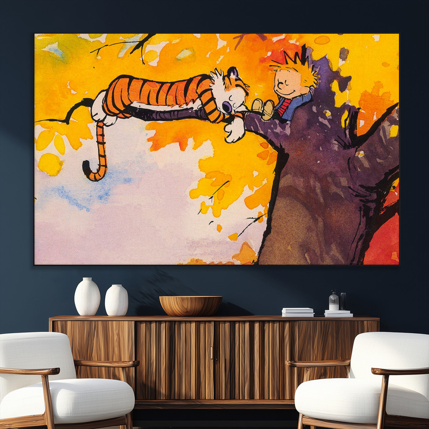 SEG-FC-51X34_Oversize - Calvin and Hobbes Tree Scene Canvas Print | 3 Panel Large Wall Art for Living Room or Kid’s Room,