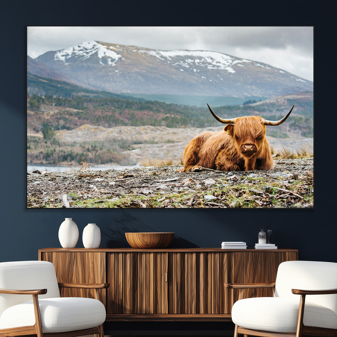 80252-SEG-FC-51X34_Oversize_Oversize-Highland Cow Horn Farm Wall Art Canvas Print