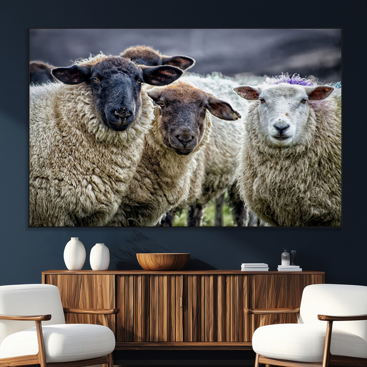 18418-SEG-FC-51X34_Oversize_Oversize-Charming Sheep Portrait Wall Art – Trio of Woolly Companions Canvas Print, Framed, Ready to Hang