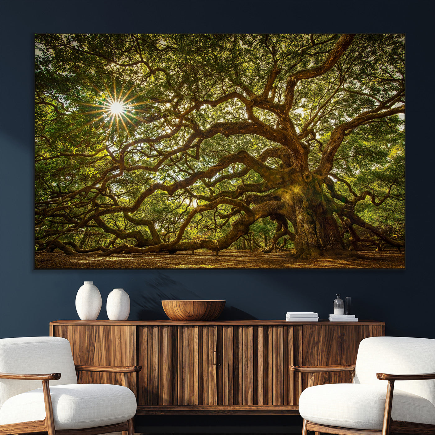 SEG-FC-51X34_Oversize - Ancient Angel Oak Tree Art Sunburst Canvas Print- Nature-Inspired Triptych Canvas Print, Framed,