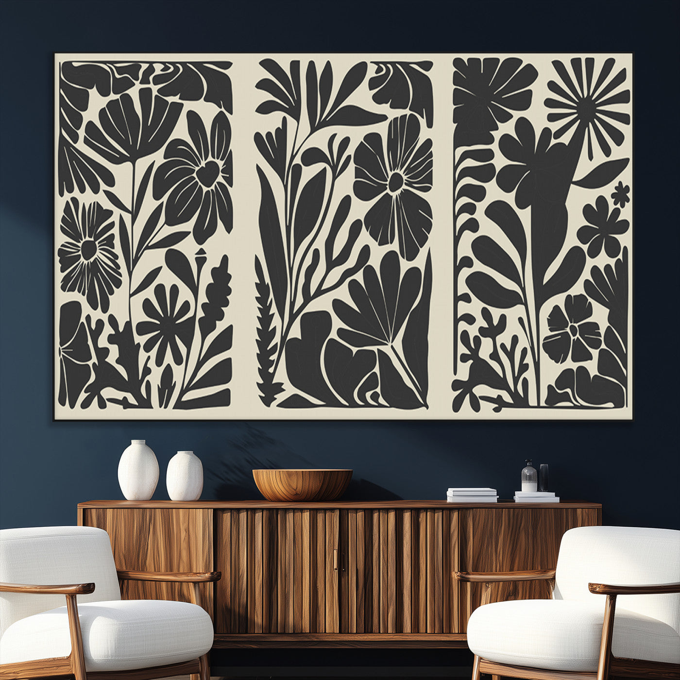 SEG-FC-51X34_Oversize - Modern Botanical Wall Art - Floral Black and White Canvas Print, Framed, Ready to Hang