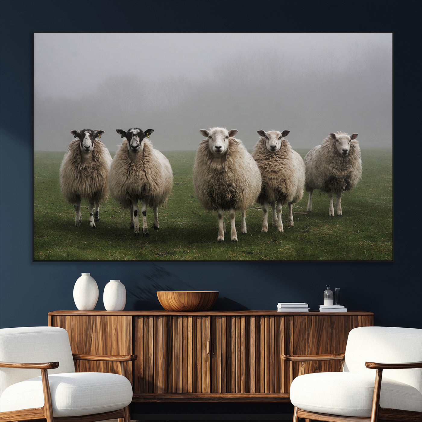 87339-SEG-FC-51X34_Oversize_Oversize-Flock of Sheep in a Mystical Fog – Pastoral Wall Art Canvas Print, Framed, Ready to Hang