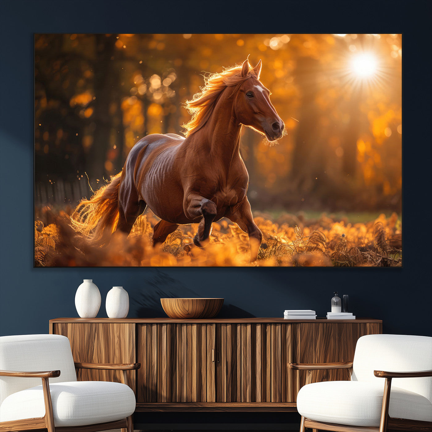 -Running Horse Sunset Forest Wall Art Canvas Print