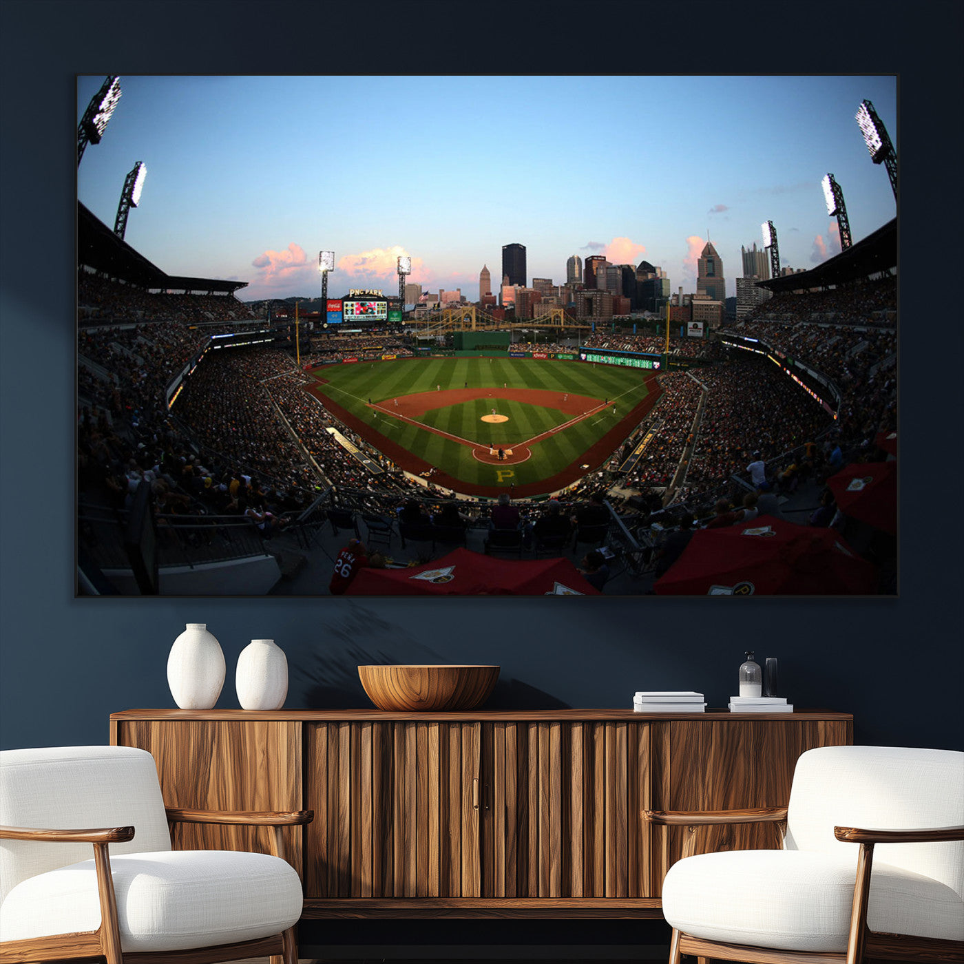 67670-SEG-FC-51X34_Oversize_Oversize-PNC Park Evening Game Triple Canvas Wall Art - Pittsburgh Pirates MLB Match - PNC Park Stadium Wall