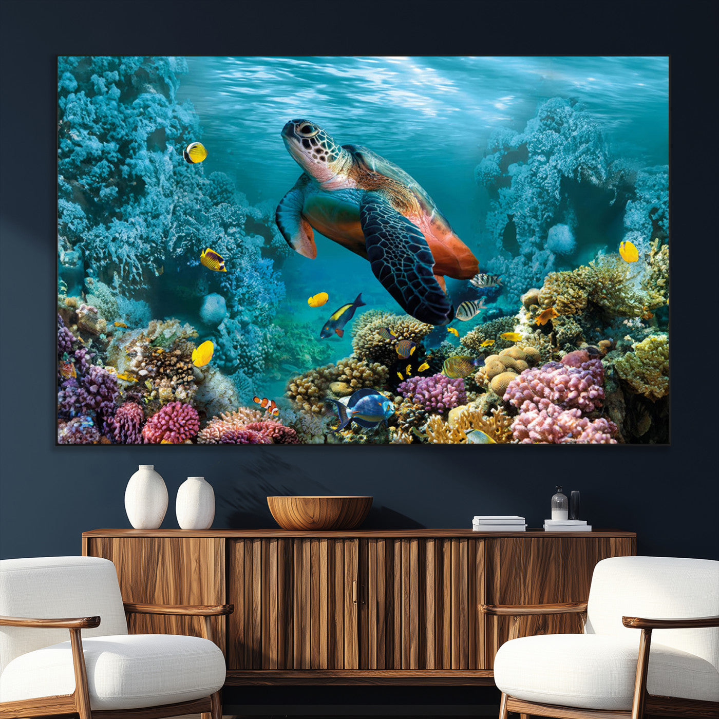 SEG-FC-51X34_Oversize - Sea Turtle and Coral Reef Triptych Wall Art – Vibrant Underwater Scene Canvas Set for Ocean Lovers