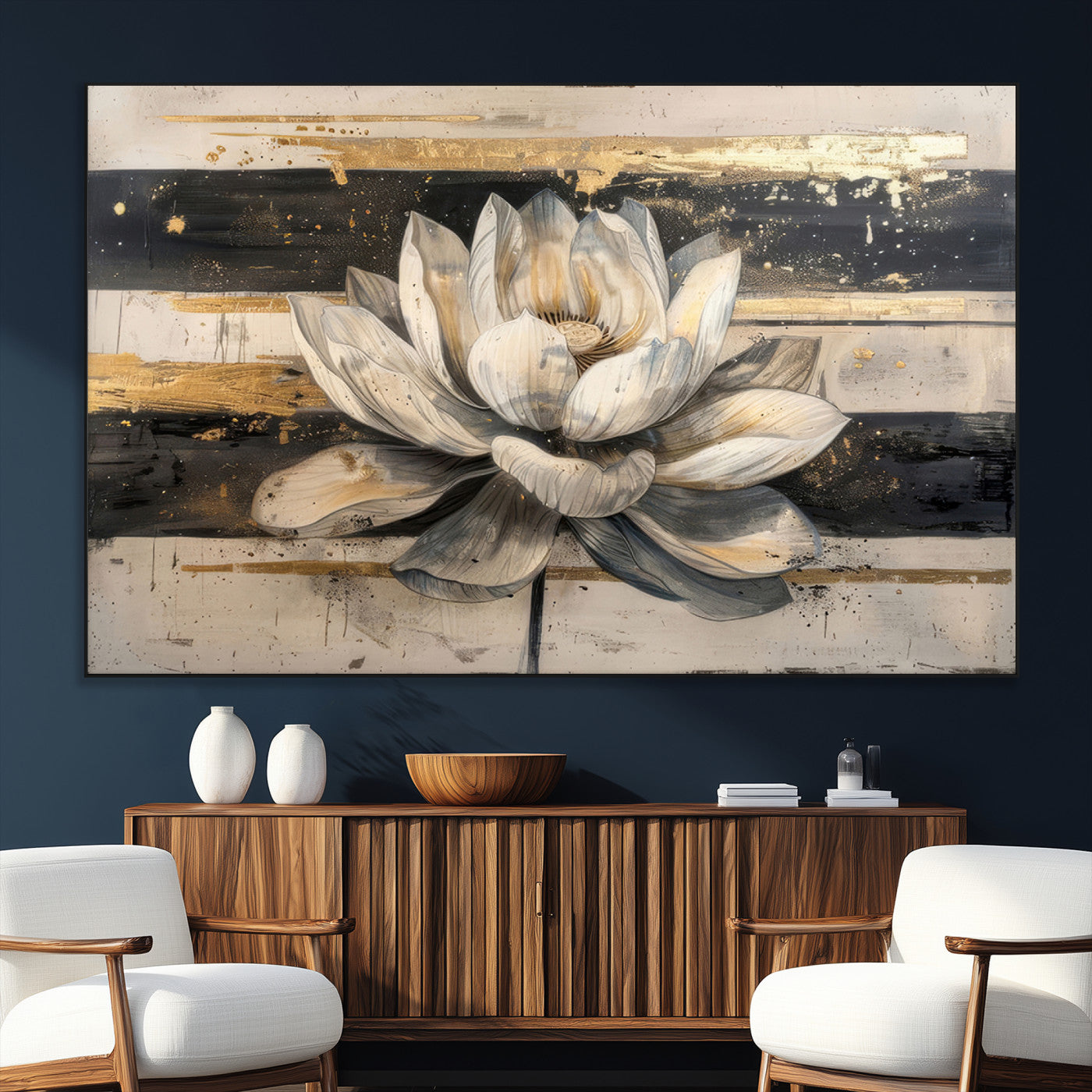 SEG-FC-51X34_Oversize - Lotus Flower Wall Art Canvas Print, Framed Abstract Lotus Art Picture Print, White Lotus Flower Perfect Abstract Floral Decor Artwork