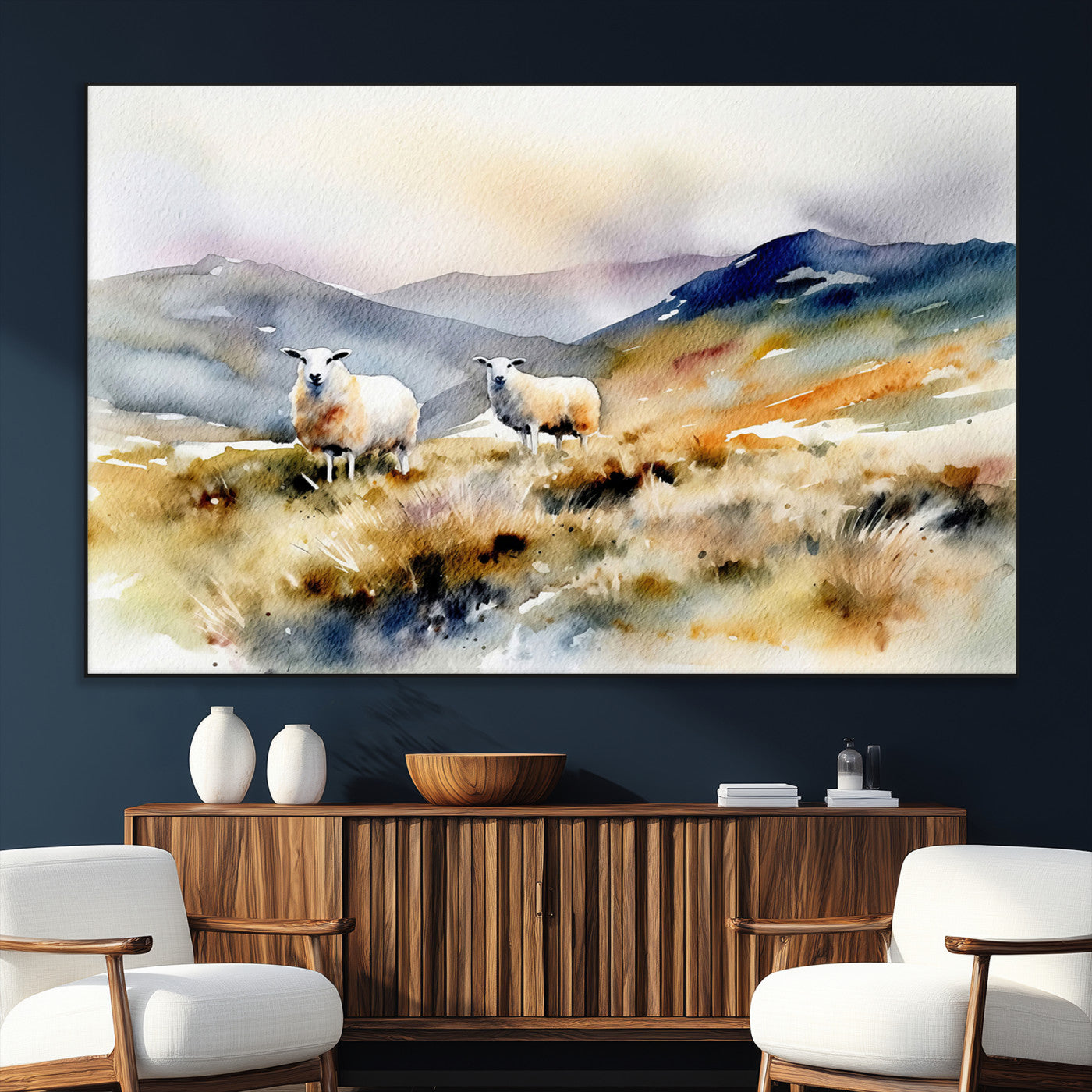 58145-SEG-FC-51X34_Oversize_Oversize-Watercolor Sheep for Farmhouse Decor Wall Art Canvas Print, Mountain Wall Art Print