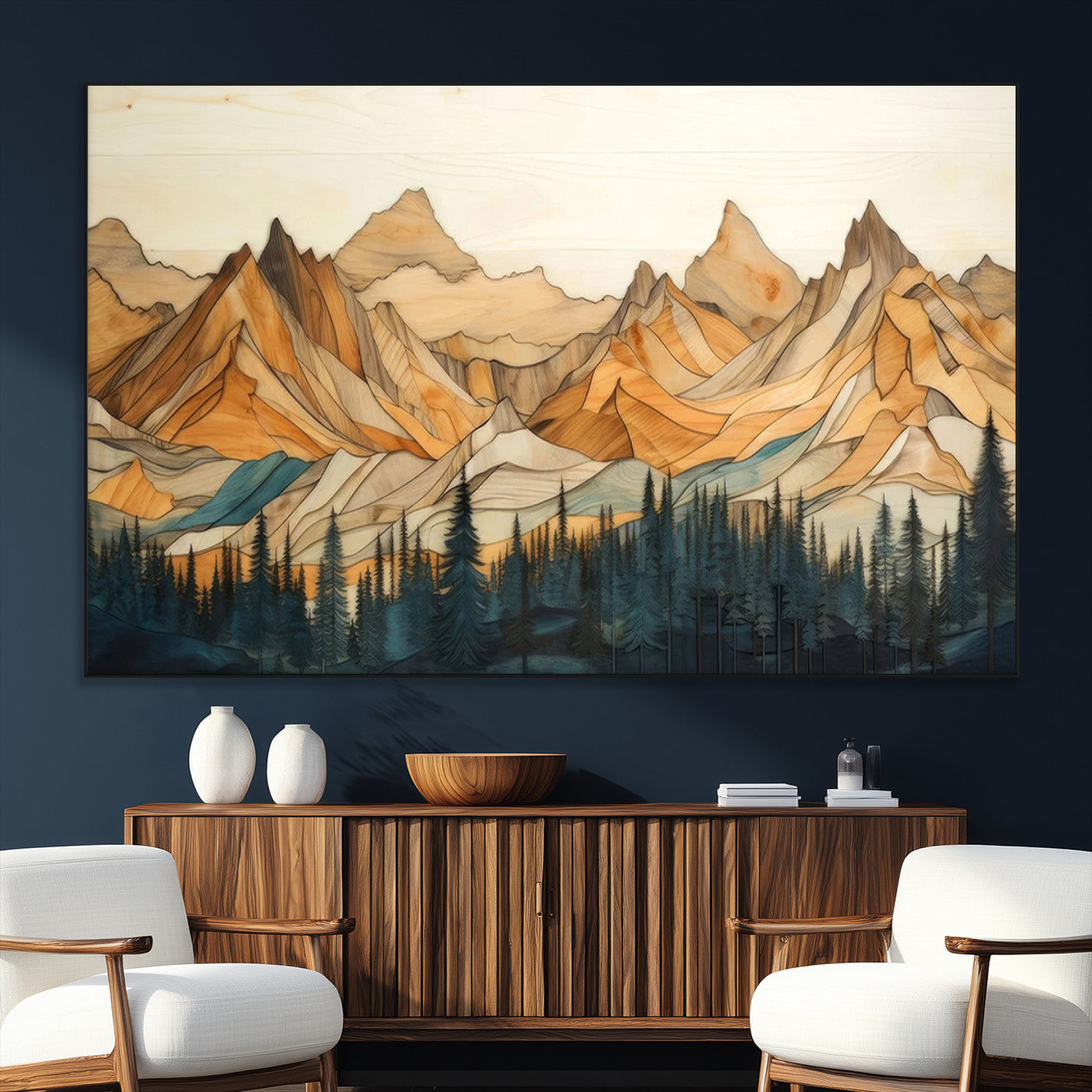 31576-SEG-FC-51X34_Oversize_Oversize-Rustic Wood Mountain Wall Art Print | Triptych Giclee Print Featuring Handcrafted Forest and