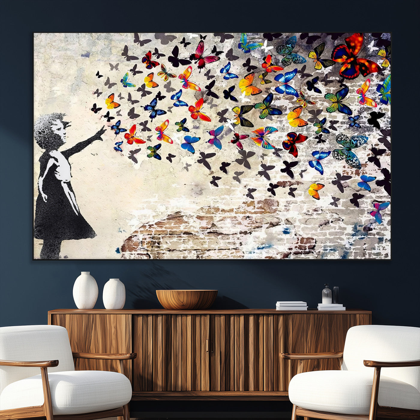 SEG-FC-51X34_Oversize - Banksy Graffiti Wall Art Canvas Print: Girl Releasing Vibrant Butterflies – Ready to Hang