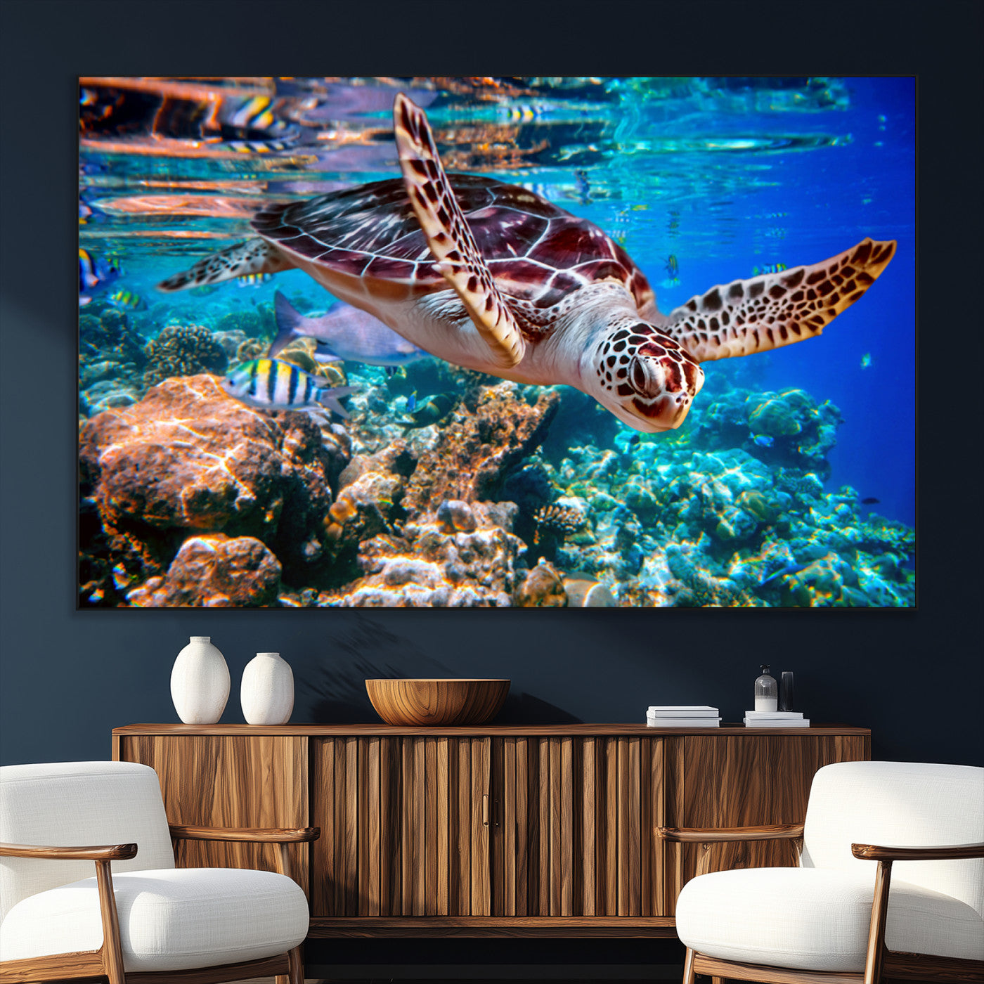 SEG-FC-51X34_Oversize - Underwater Coral Reef Sea Turtle Wall Art Canvas Print, Vibrant Marine Life | Colorful Ocean Scene