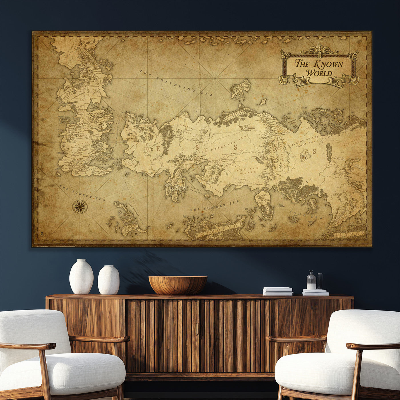 SEG-FC-51X34_Oversize - Vintage Game of Thrones Map Wall Art | Westeros and Essos Antique Style Print | The Known World in Triptych Canvas | Giclee Canvas for Fantasy Lovers