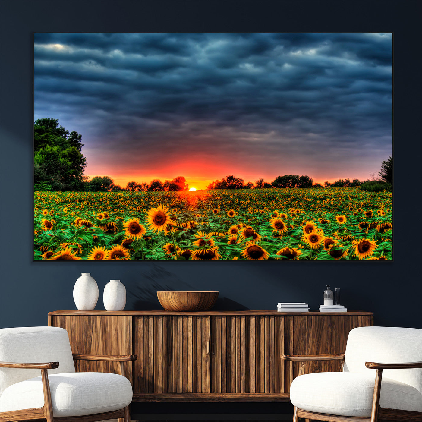 SEG-FC-51X34_Oversize - Golden Sunflower Field at Sunset – Breathtaking Sky and Vibrant Flowers, Ready to Hang Wall Art