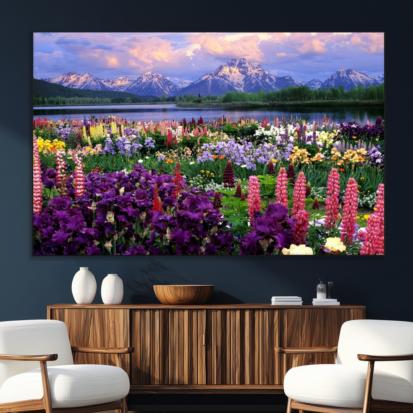 SEG-FC-51X34_Oversize - Vibrant Wildflower Garden and Mountain View Giclee Canvas Print | Floral Wall Art for Living Room