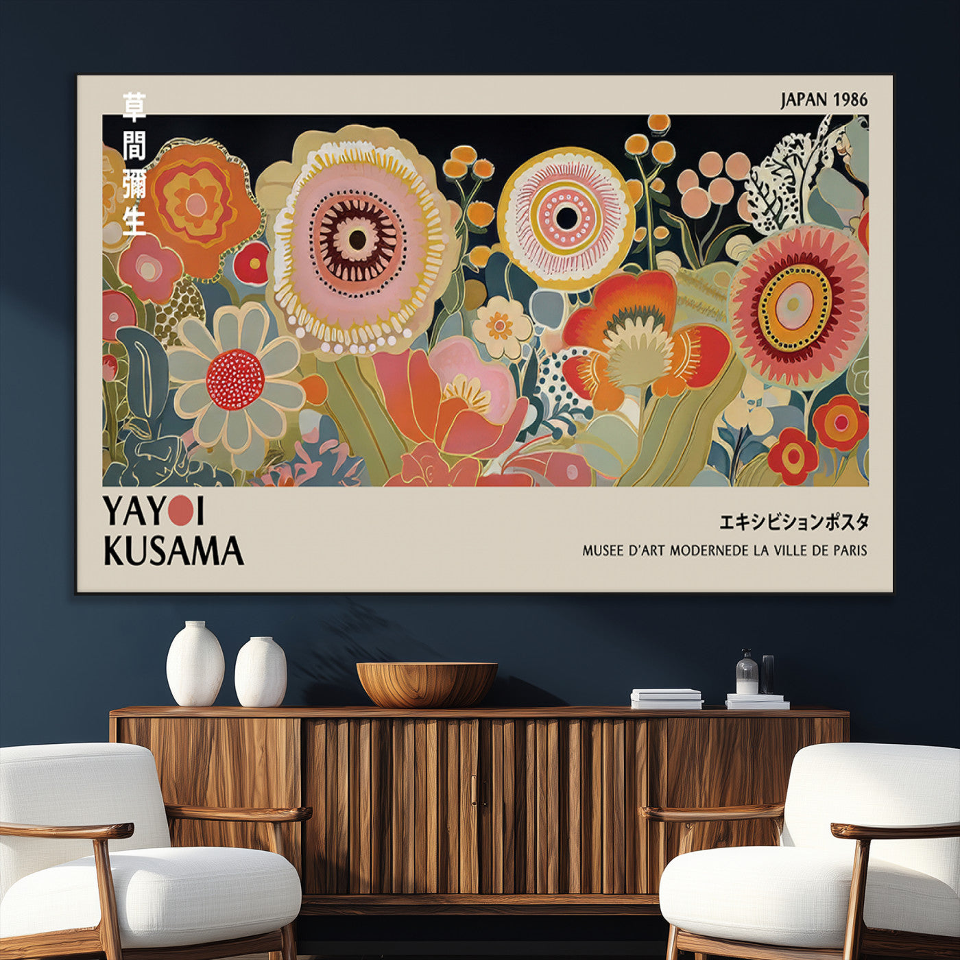 SEG-FC-51X34_Oversize - Yayoi Kusama Landscape Canvas Print, Vibrant Floral Mountain Art Print, Botanical Flower Nature Decor, Sunset Scenery Artwork