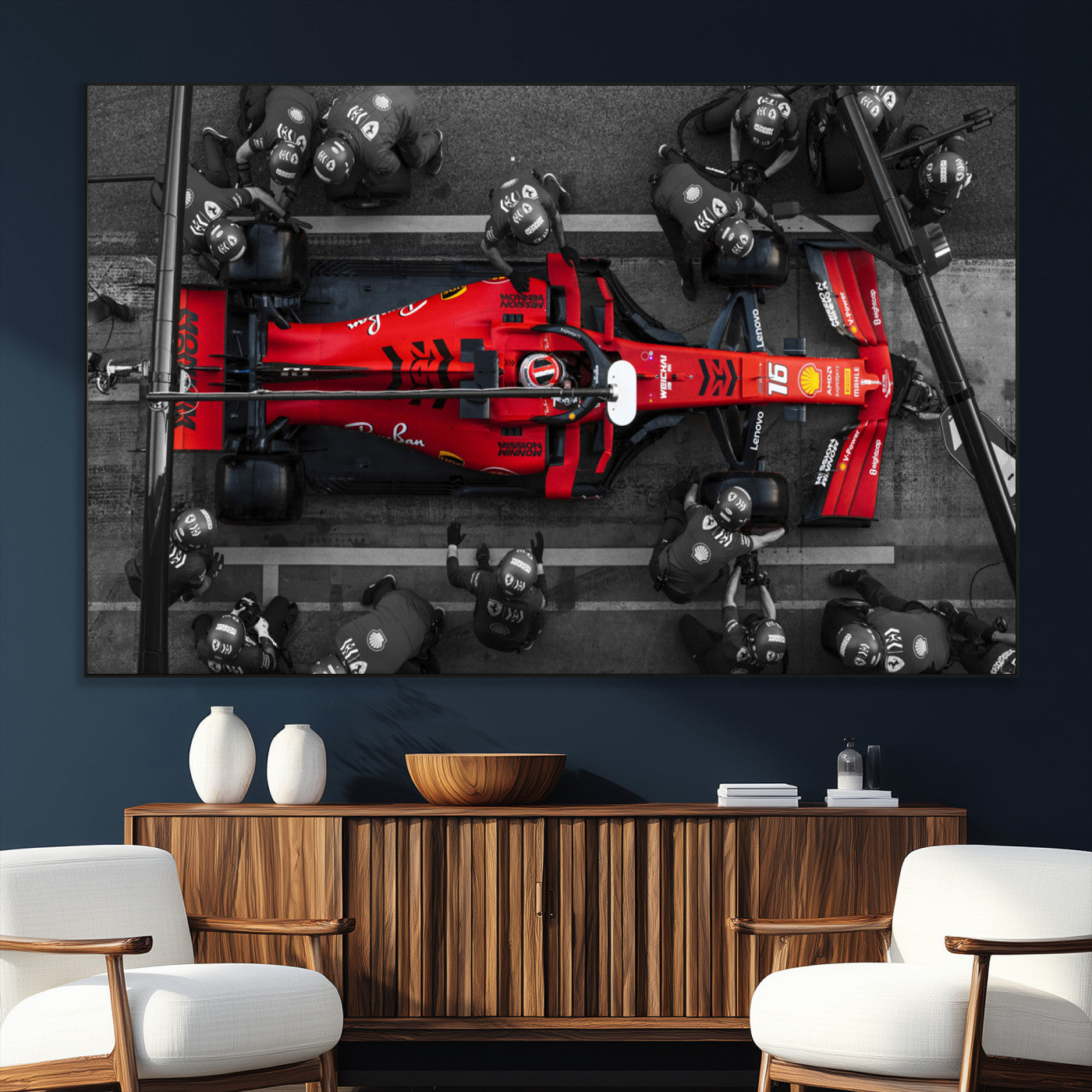 SEG-FC-51X34_Oversize - Ferrari Pit Stop Canvas Wall Art – Precision and Speed Captured in Bold Motorsport Imagery – Ready