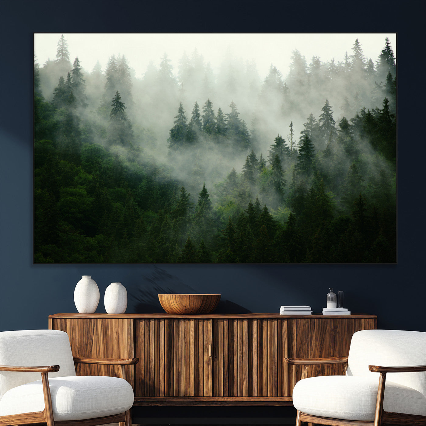 SEG-FC-51X34_Oversize - Misty Forest Mountain Wall Art Canvas  | Large 3-Panel Foggy Landscape Canvas Print | Nature Misty