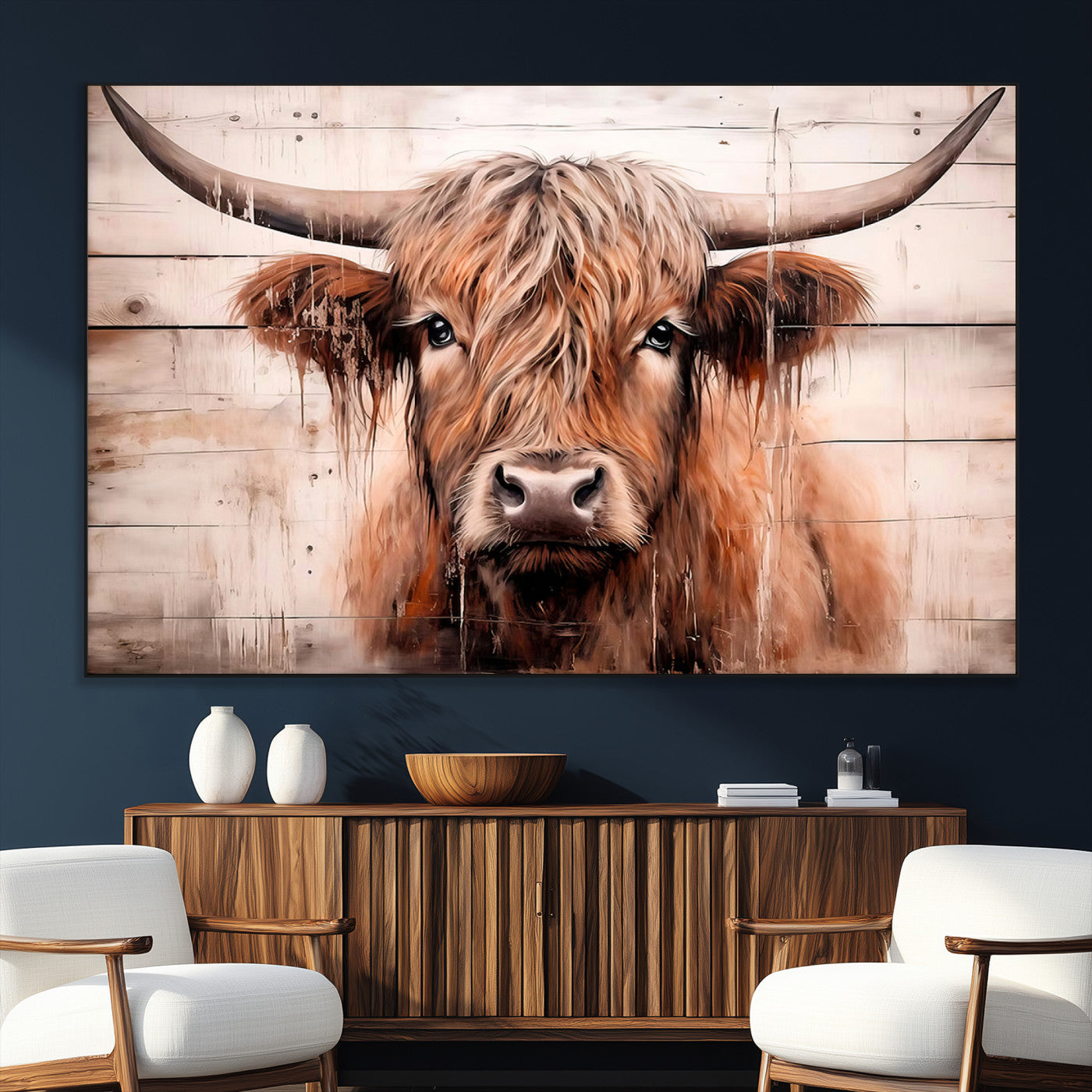 SEG-FC-51X34_Oversize - Vintage Scottish Highland Cow Cattle Art Print Farmhouse Wall Art Canvas Print