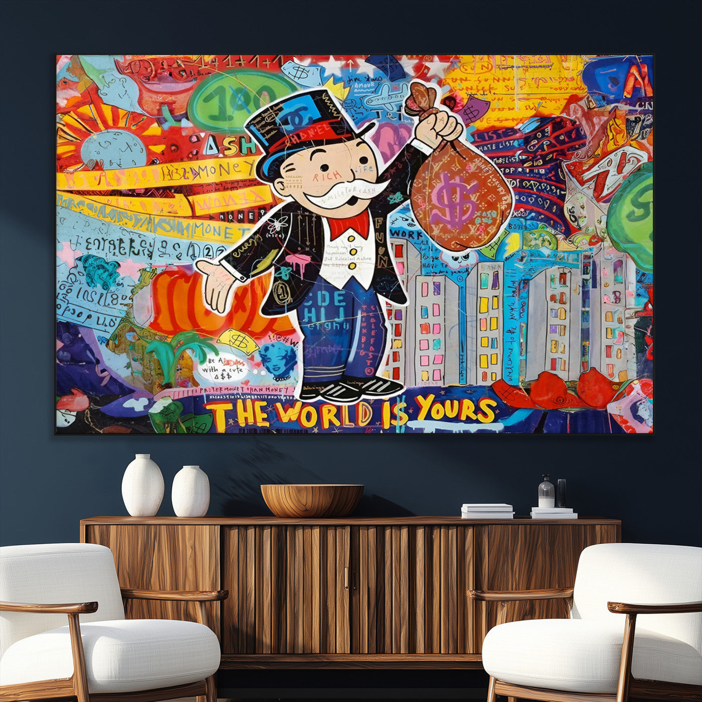 SEG-FC-51X34_Oversize - Pop Art Monopoly Man Canvas Wall Art Print - Bold and Colorful Street Art-Inspired Decor for Living