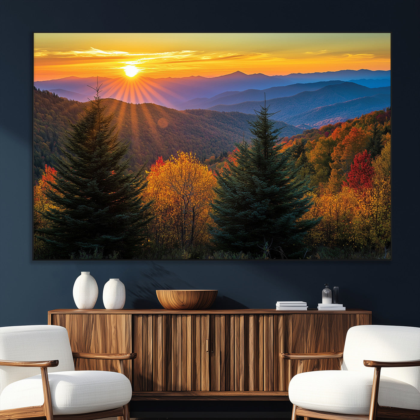 SEG-FC-51X34_Oversize - Golden Sunset Over Mountain Forest Canvas Wall Art Print - Warm Nature-Inspired Landscape for Living