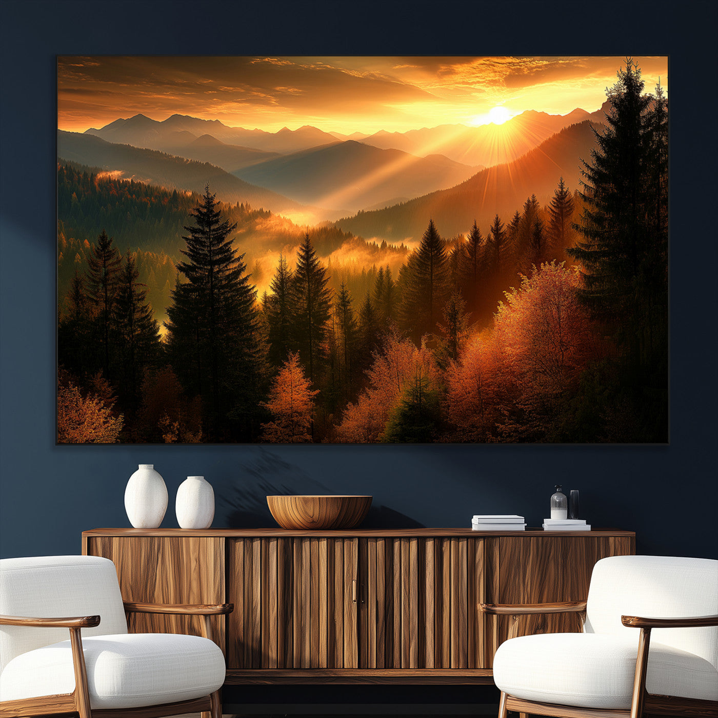 SEG-FC-51X34_Oversize - Golden Sunset Over Mountain Forest Canvas Wall Art Print - Warm Nature Landscape Print