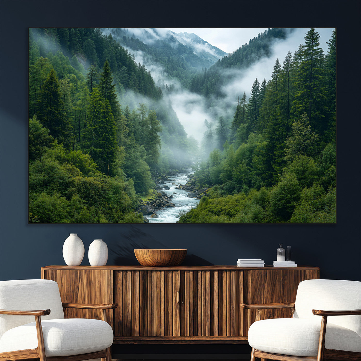 SEG-FC-51X34_Oversize - Mountain Forest River Canvas Wall Art Print - Serene Nature Landscape for Living Room, Office, or