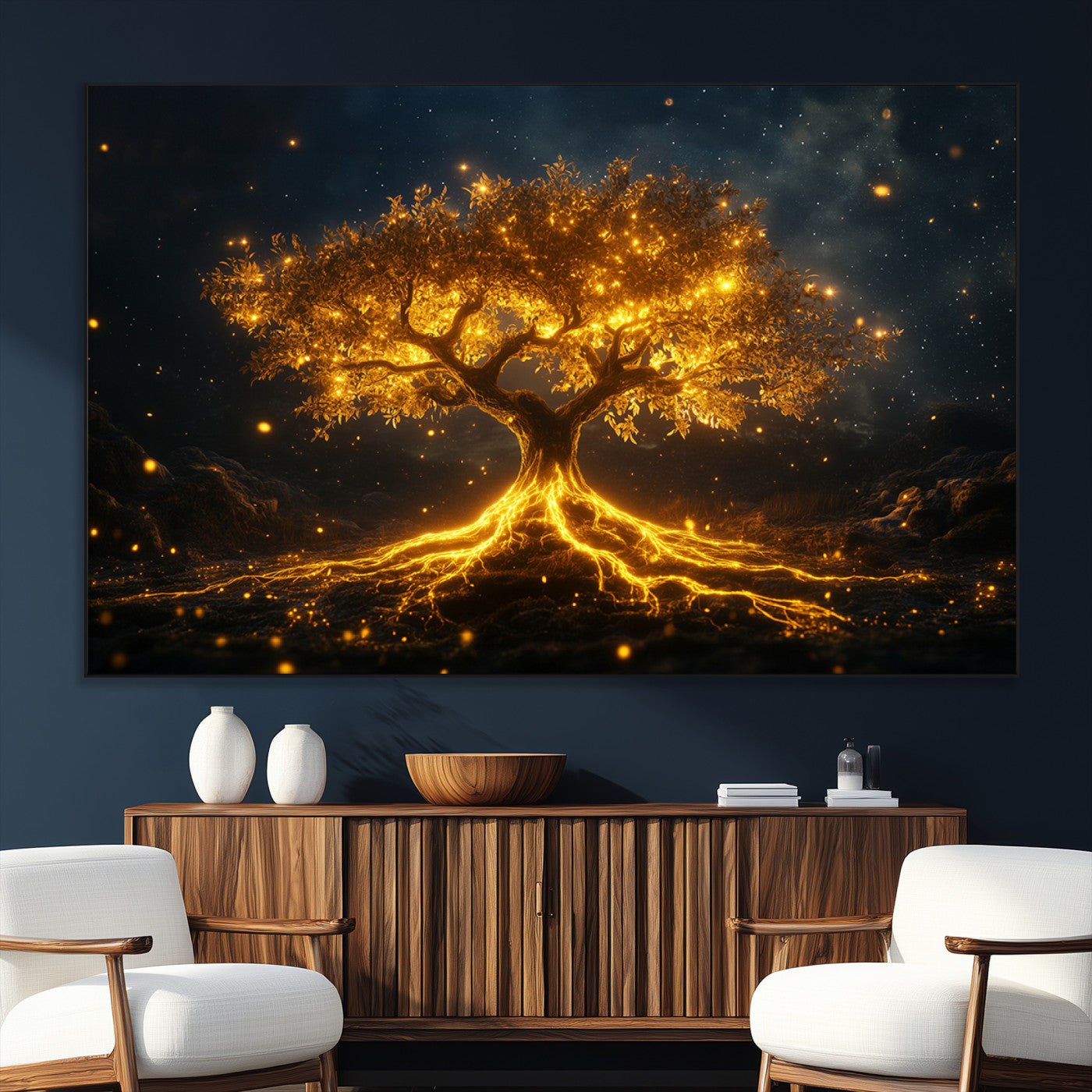 SEG-FC-51X34_Oversize - Golden Tree of Life Canvas Wall Art Print - Majestic Glowing Tree Design for Living Room, Office, or
