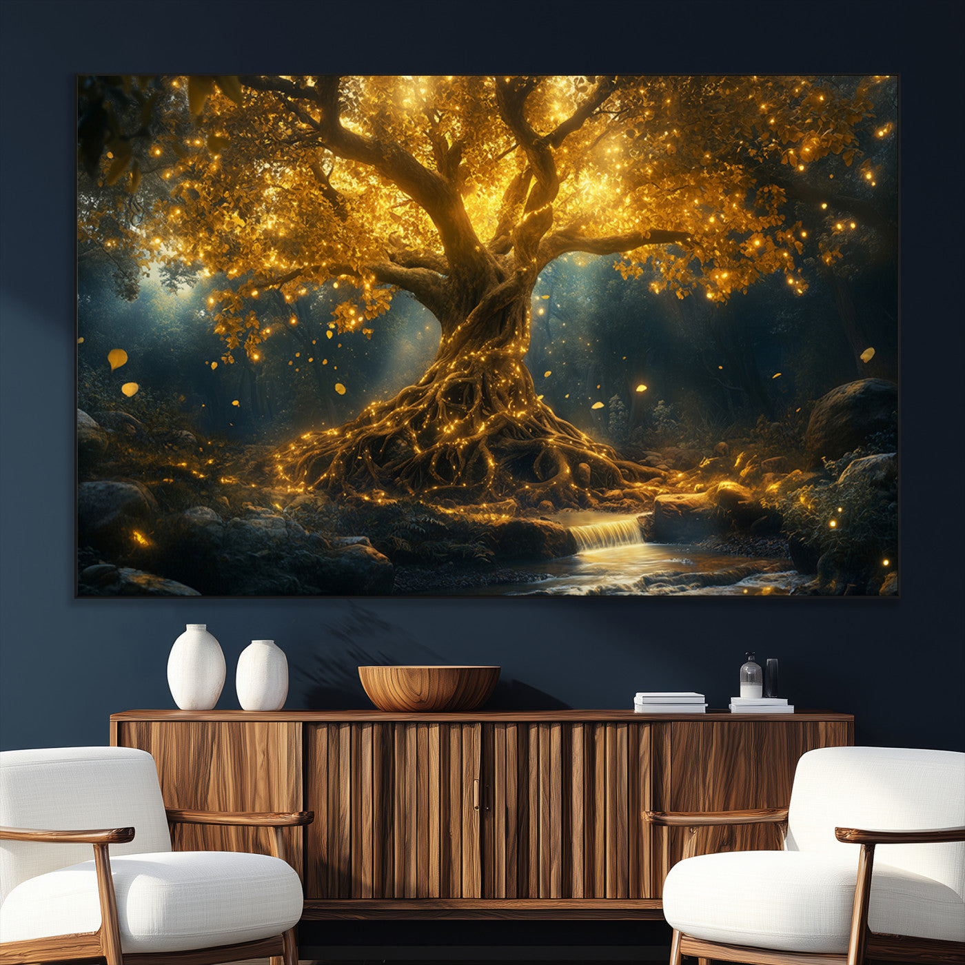 SEG-FC-51X34_Oversize - Golden Tree of Life Canvas Wall Art Print - Majestic Glowing Tree Wall Art Print