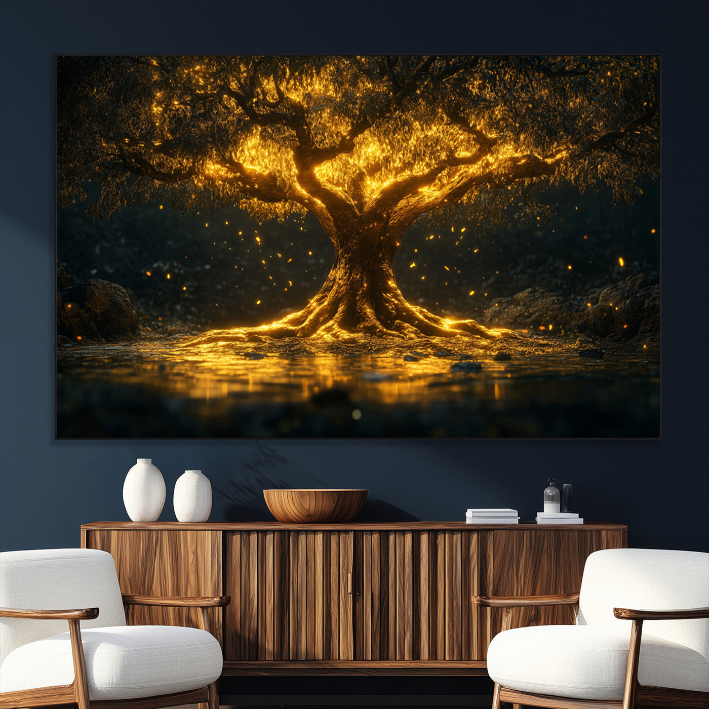 SEG-FC-51X34_Oversize - Golden Tree of Life Canvas Wall Art Print - Majestic Glowing Tree Wall Art Print
