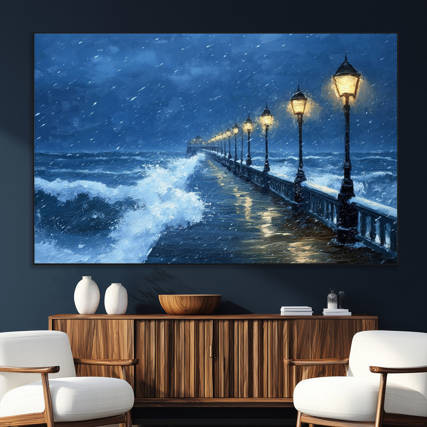 SEG-FC-51X34_Oversize - Stormy Ocean Pier Lights Canvas Wall Art Print - Large Moody Night Scene for Living Room, or Office,