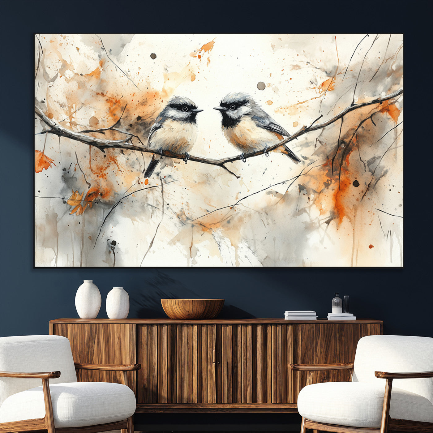 SEG-FC-51X34_Oversize - Abstract Watercolor Chickadee Bird Canvas Wall Art Print - Large Bird and Branch Wall Art, Modern