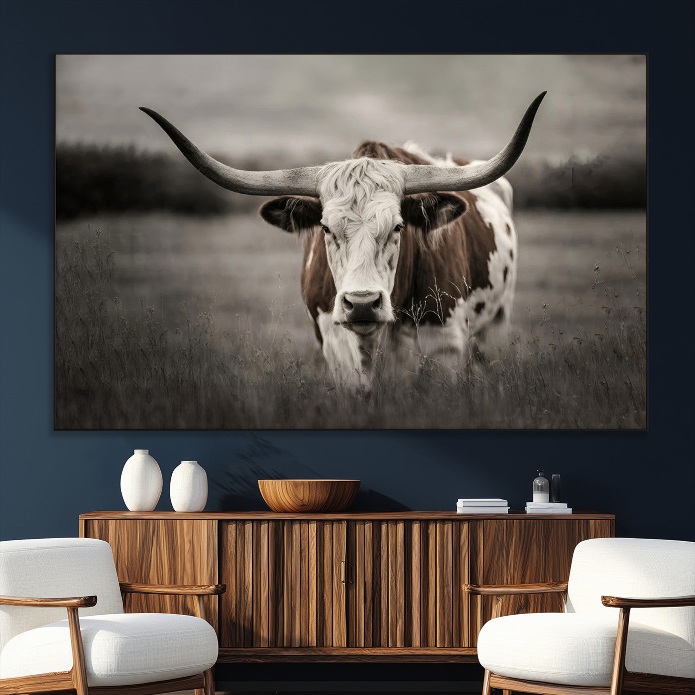 SEG-FC-51X34_Oversize - Texas Longhorn Cow Canvas Wall Art Print - Large Rustic Longhorn Art for Living Room, Western Wall
