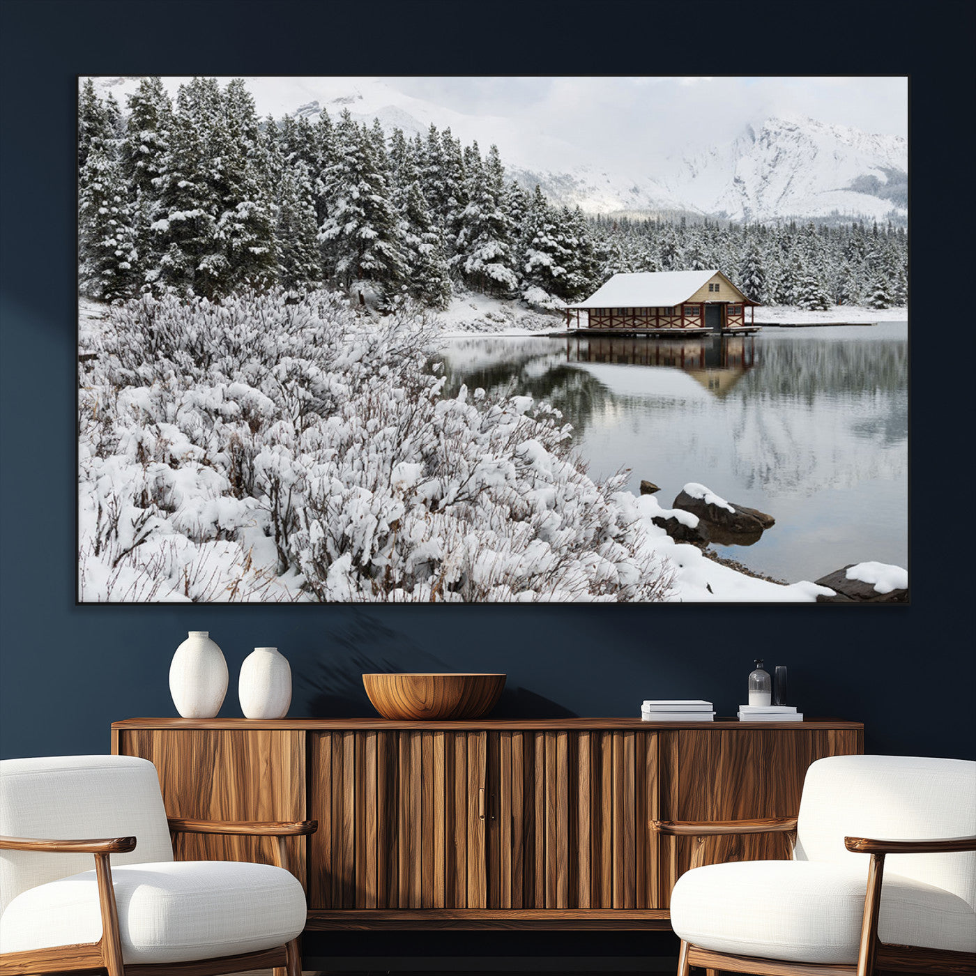 SEG-FC-51X34_Oversize - Winter Wall Art - Cabin by the Lake Canvas Wall Art - Serene Snowy Landscape with Mountain View,