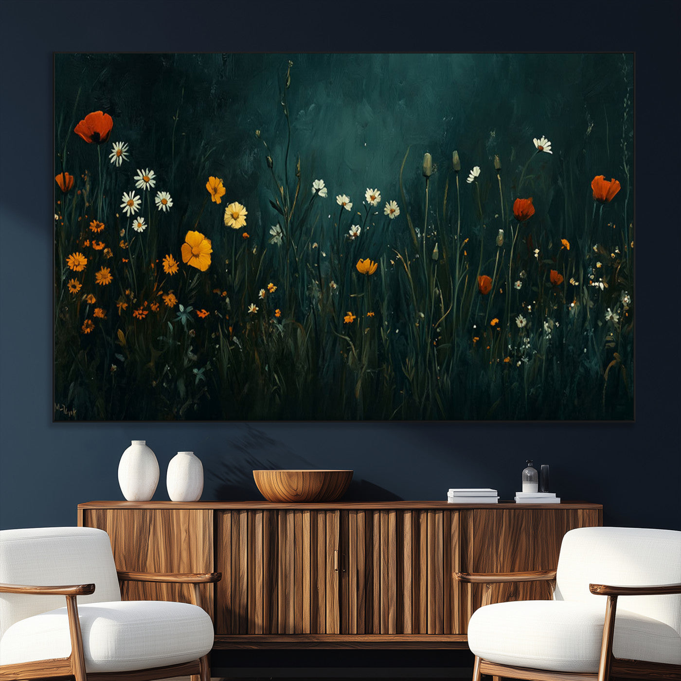 SEG-FC-51X34_Oversize - Framed Wildflower Field Wall Art, Framed Vintage Botanical Landscape Sign, Floral Decor, Modern