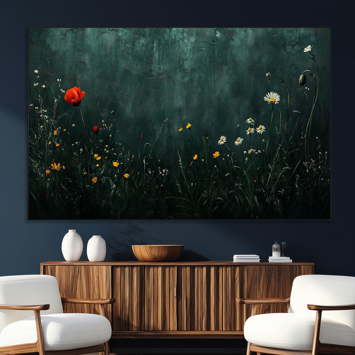 SEG-FC-51X34_Oversize - Wildflower Field Framed Wall Art, Vintage Botanical Landscape Sign, Botanical Wall Art, Modern