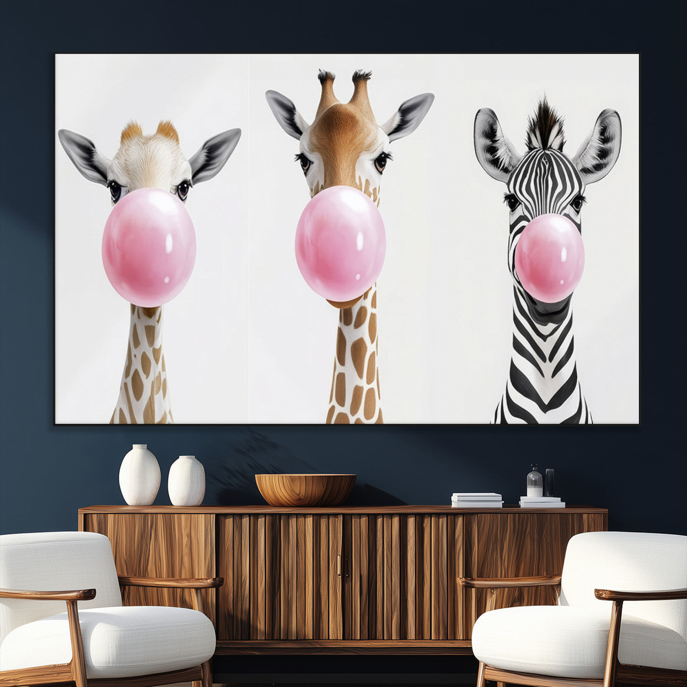 SEG-FC-51X34_Oversize - Bubblegum Animals Canvas Wall Art - Playful Giraffe and Zebra Trio, Fun Nursery Decor for Kids'