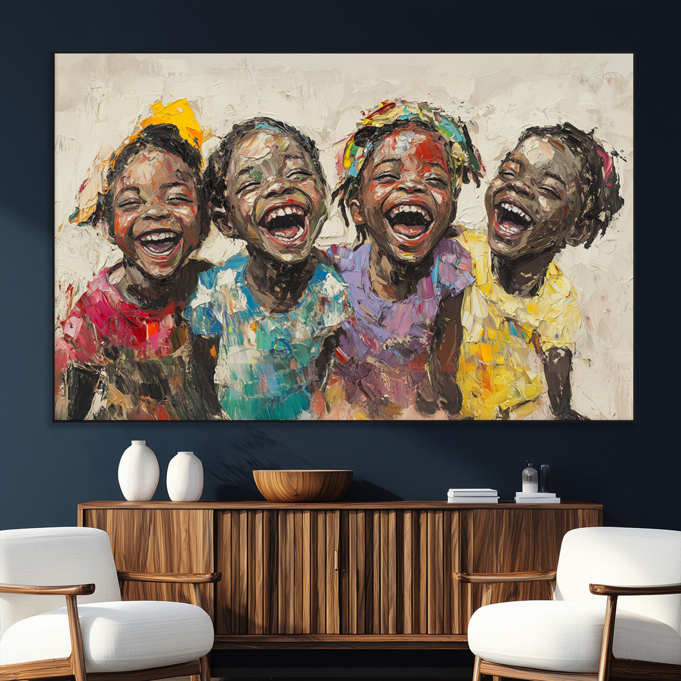 SEG-FC-51X34_Oversize - Shai Yossef style Joyful Childhood Canvas Wall Art - Expressive Impasto Painting of Black Children