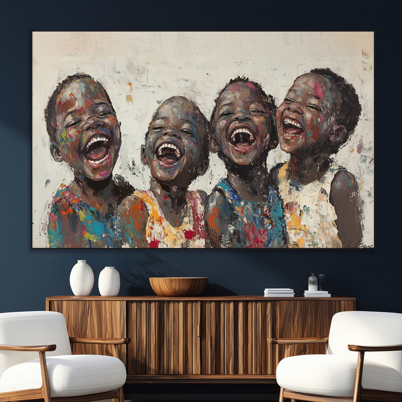 85256-MGV-CV-36X24-Shai Yossef Print - Joyful Childhood Canvas Wall Art - Expressive Impasto Painting of Laughing