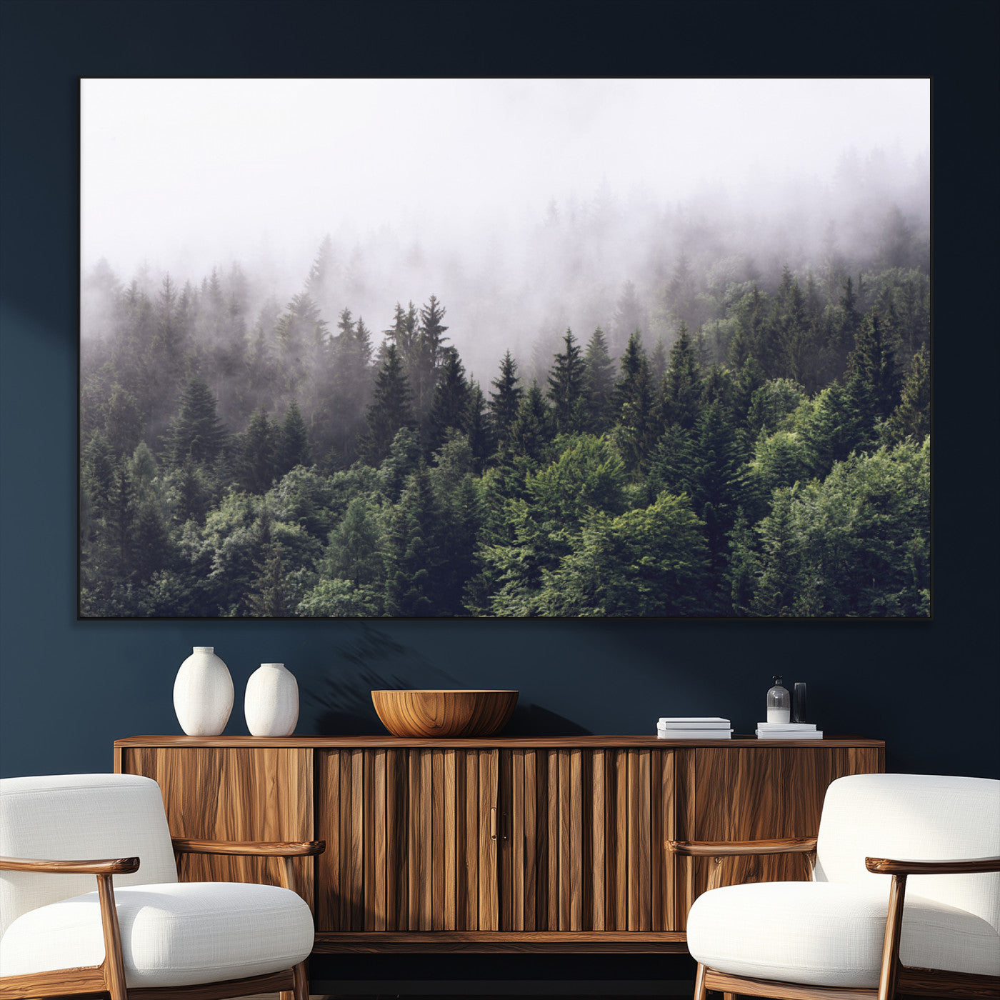 SEG-FC-51X34_Oversize - Misty Forest Wall Art | Foggy Forest Canvas Print | Large Nature-Inspired Misty Tree Landscape for