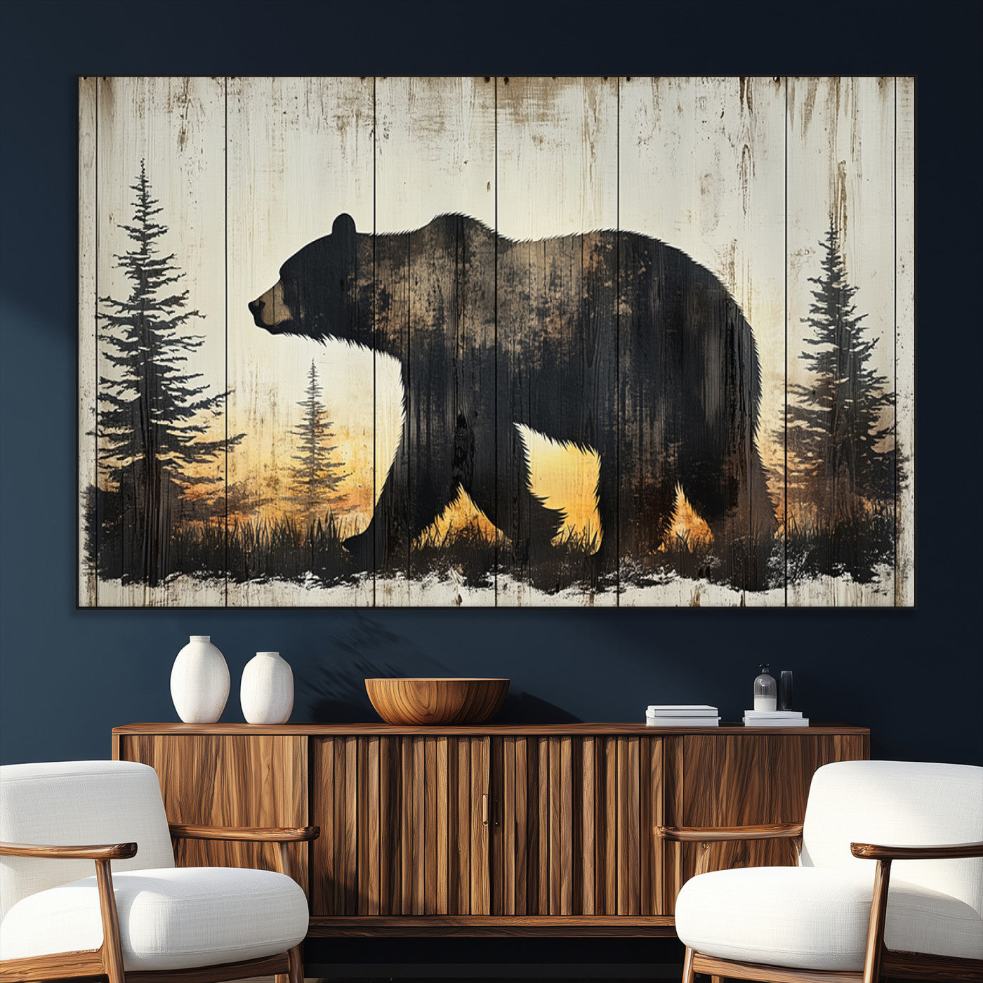 83875-SEG-FC-51X34_Oversize_Oversize-Vintage Bear Wall Art Canvas Print for Farmhouse - Mountain Wood Canvas Wall Art - Forest Silhouette