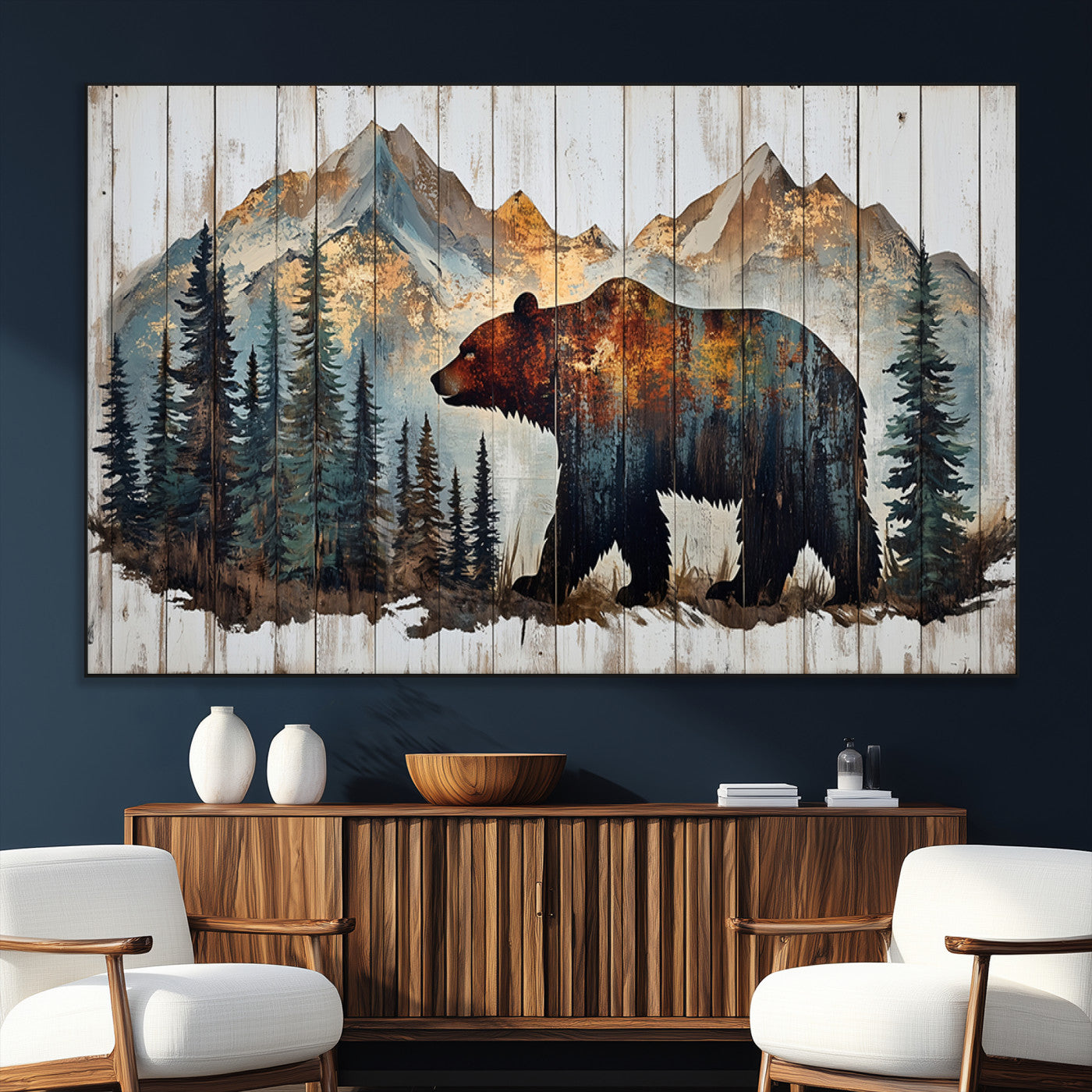 55777-SEG-FC-51X34_Oversize_Oversize-Rustic Grizzly 399 Bear and Mountain Wood Canvas Wall Art - Framed Nature Artwork with Forest