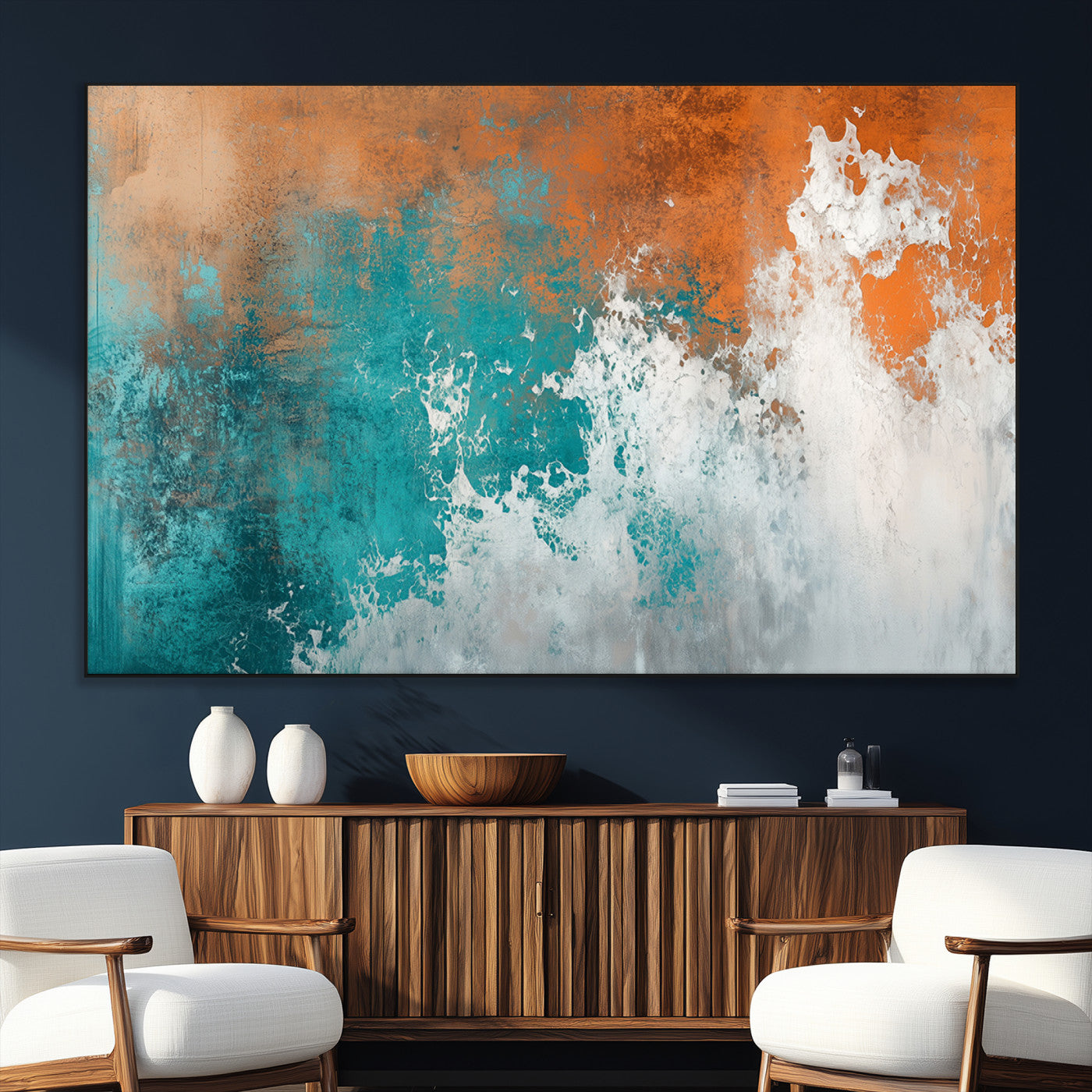 SEG-FC-51X34_Oversize - Vintage Abstract Print - Bold Teal and Orange Canvas Wall Art - Retro-Vintage Abstract Orange Canvas
