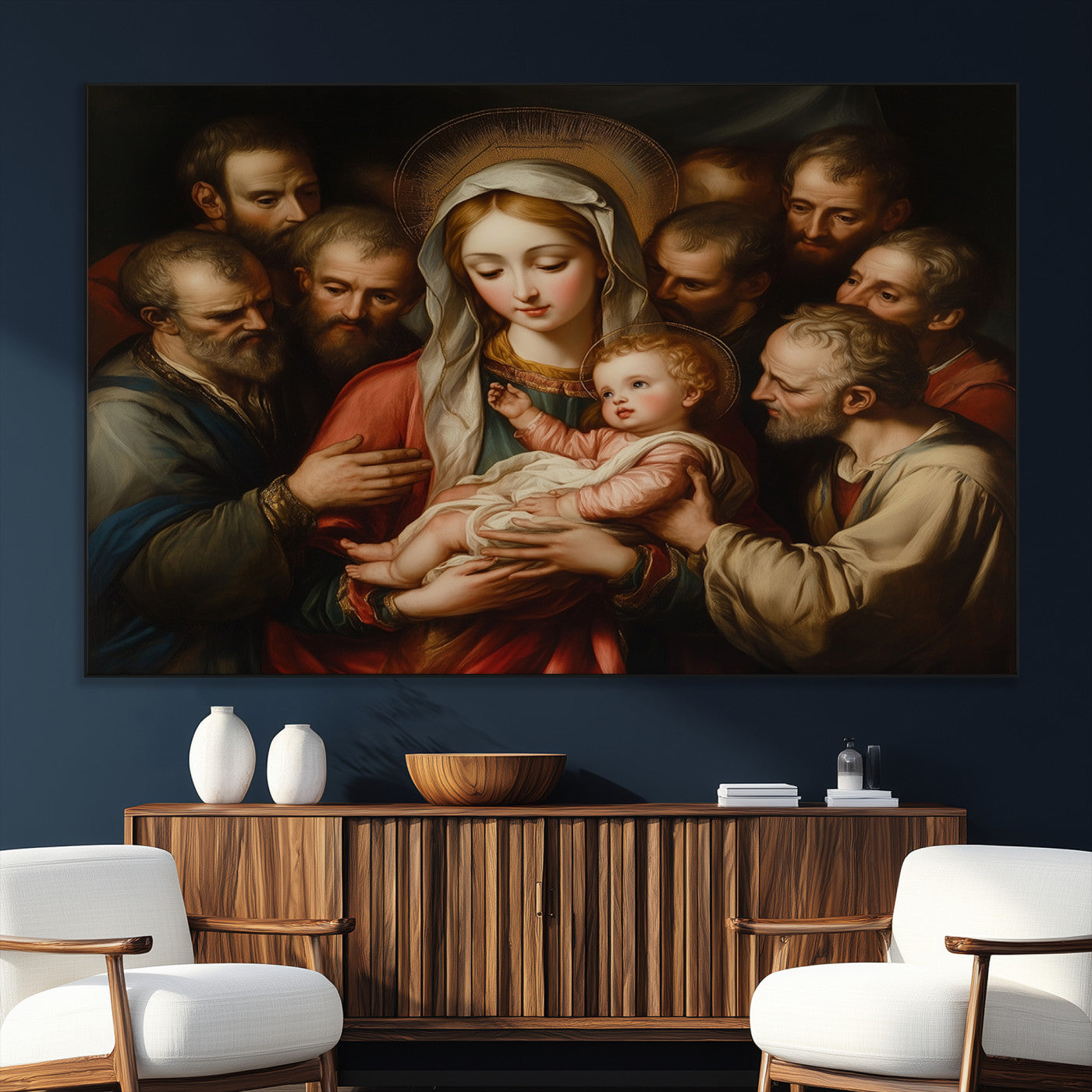 SEG-FC-51X34_Oversize - Religious Canvas Wall Art Print - Madonna and Child with Apostles Art Print - Classic Christian