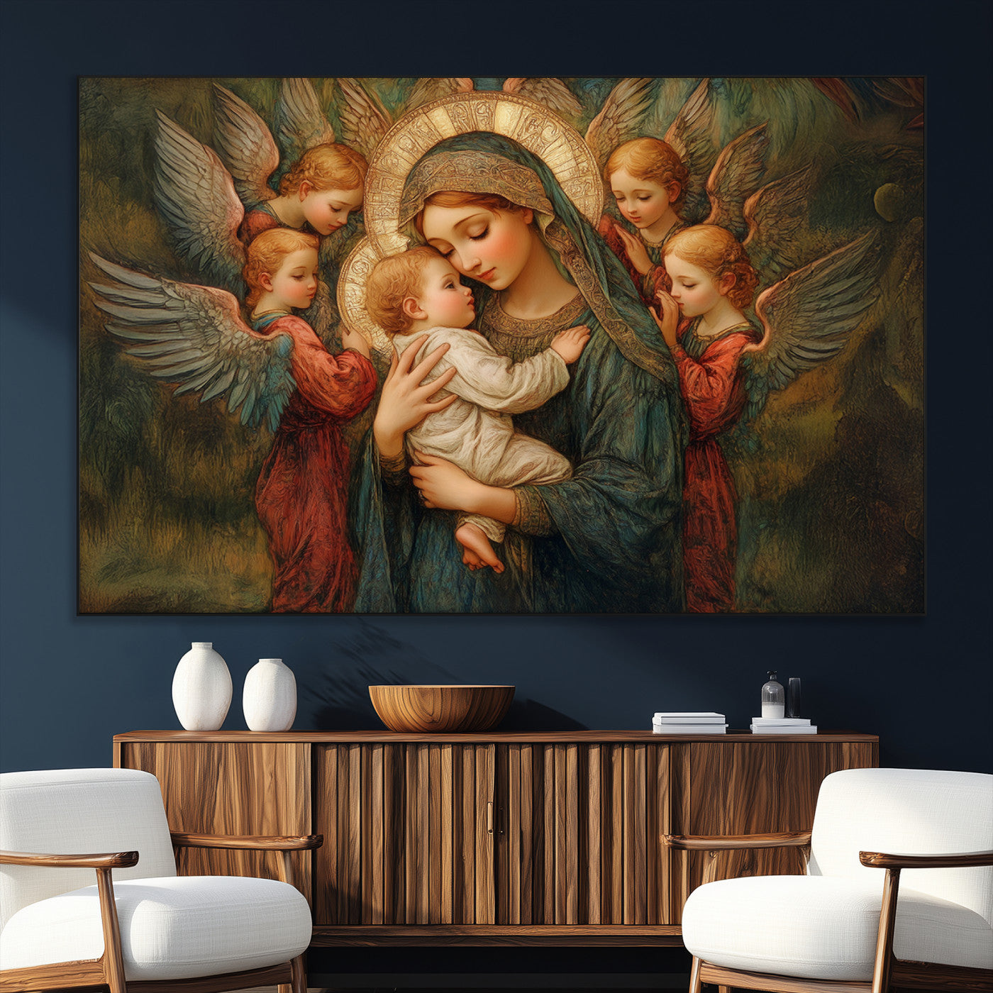 SEG-FC-51X34_Oversize - Mary Jesus Canvas Wall Art Print - Madonna and Child with Angels Art Print - Classic Christian