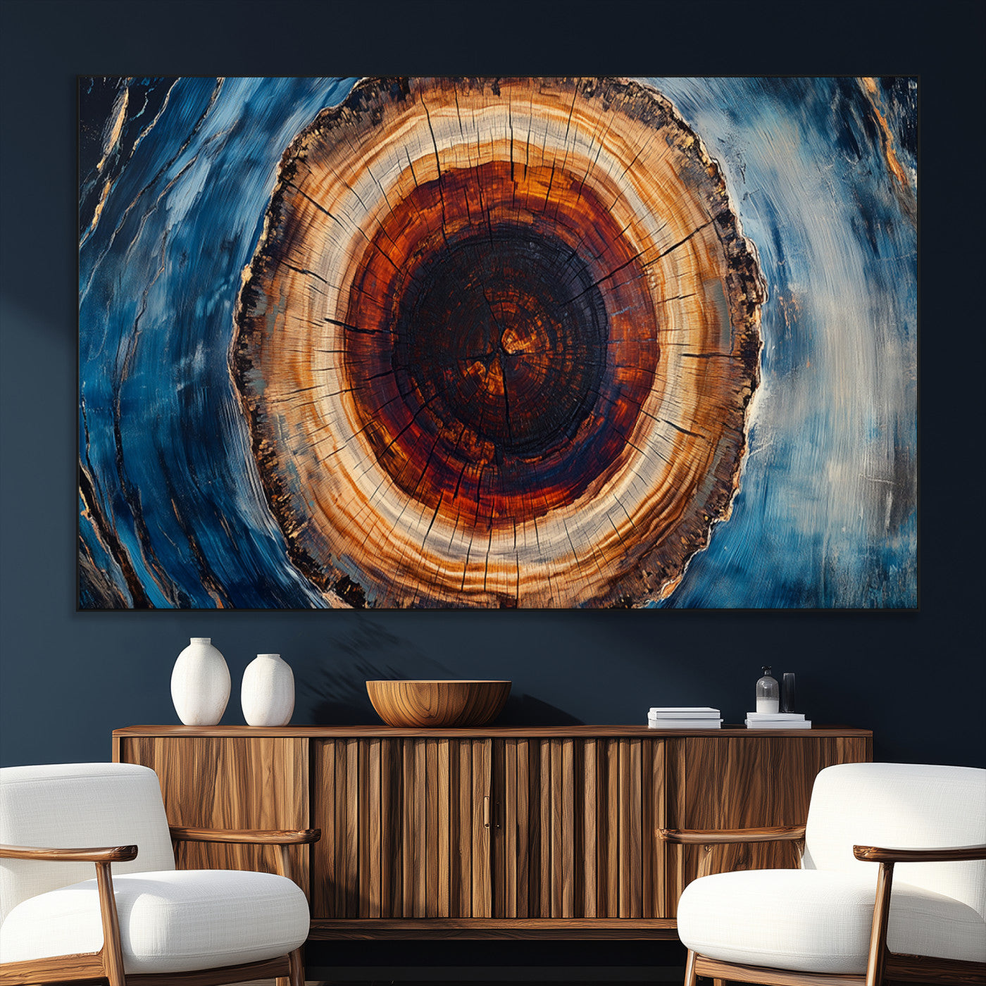 SEG-FC-51X34_Oversize - Framed Abstract Tree Ring Wall Art Print, Natural Rustic Wood Texture Canvas Print, Wood Tree Stump