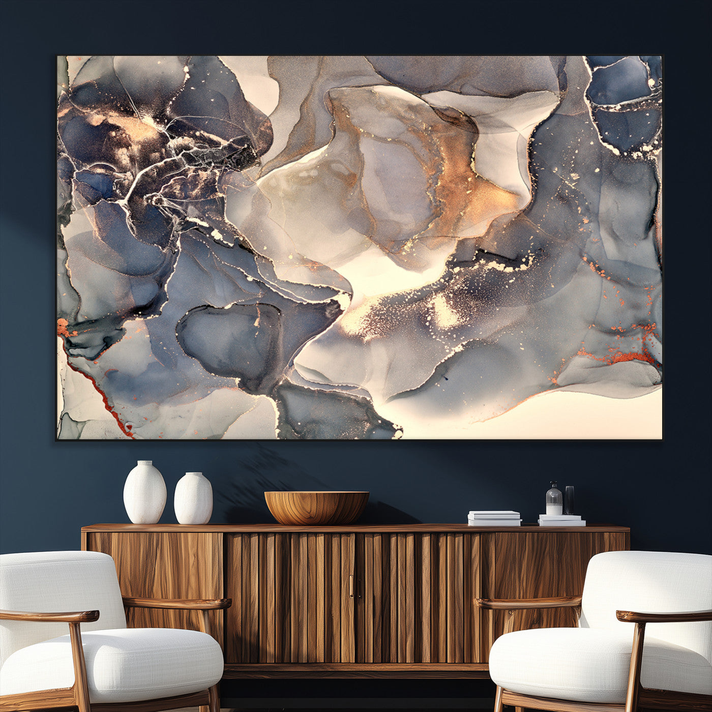 SEG-FC-51X34_Oversize - Abstract Blue and Gold Wall Art - Fluid Ink Artwork - Modern Luxury Wall Decor for Contemporary