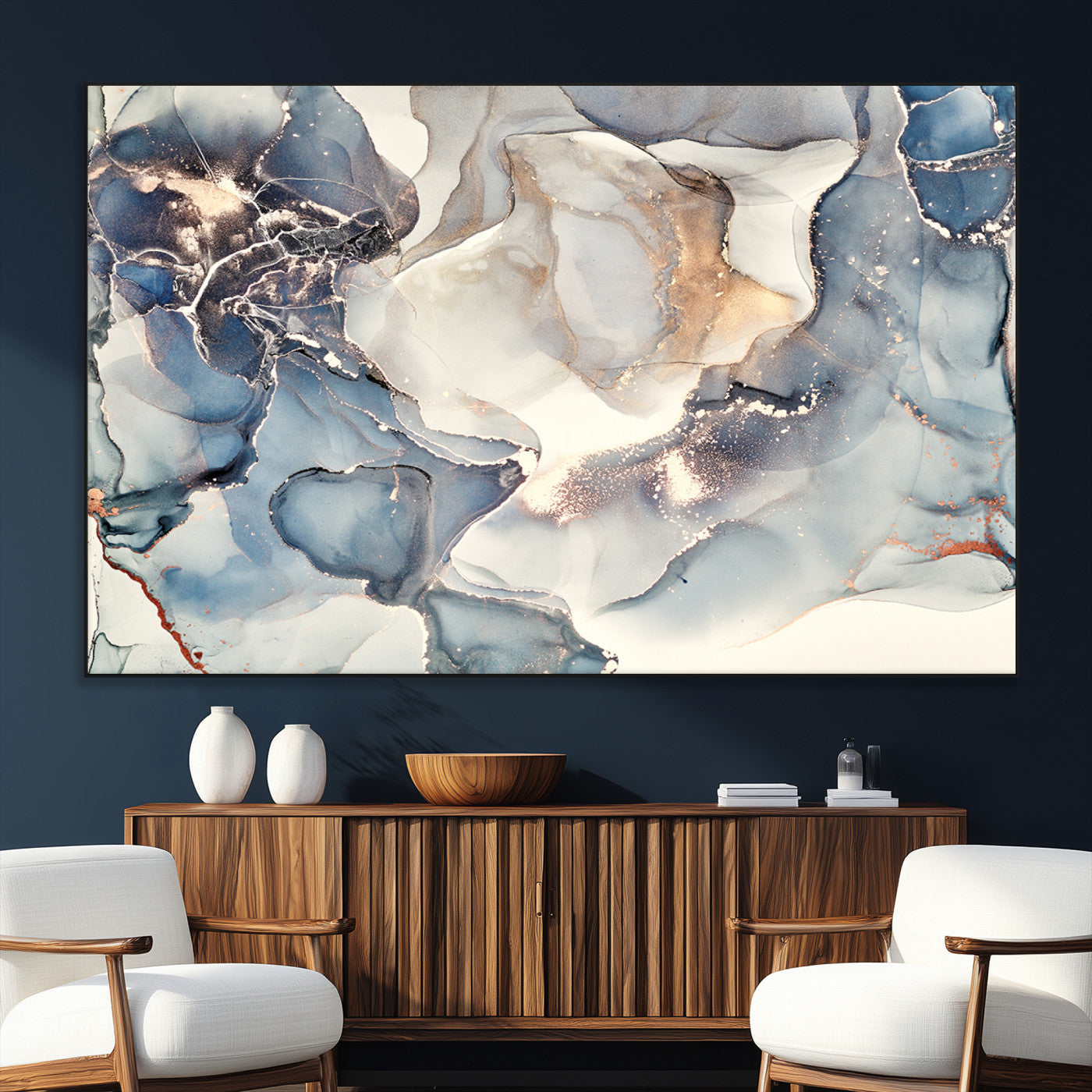 SEG-FC-51X34_Oversize - Abstract Blue and Gold Canvas Wall Art - Fluid Modern Ink Artwork - Modern Luxury Wall Decor for
