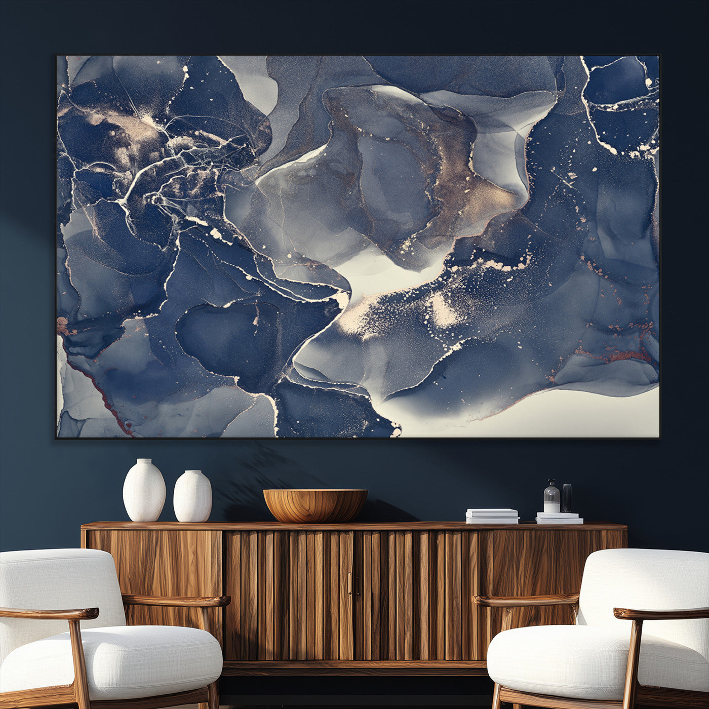 SEG-FC-51X34_Oversize - Large Abstract Blue and Gold Canvas Wall Art | Fluid Ink Artwork Print | Luxury Wall Decor for