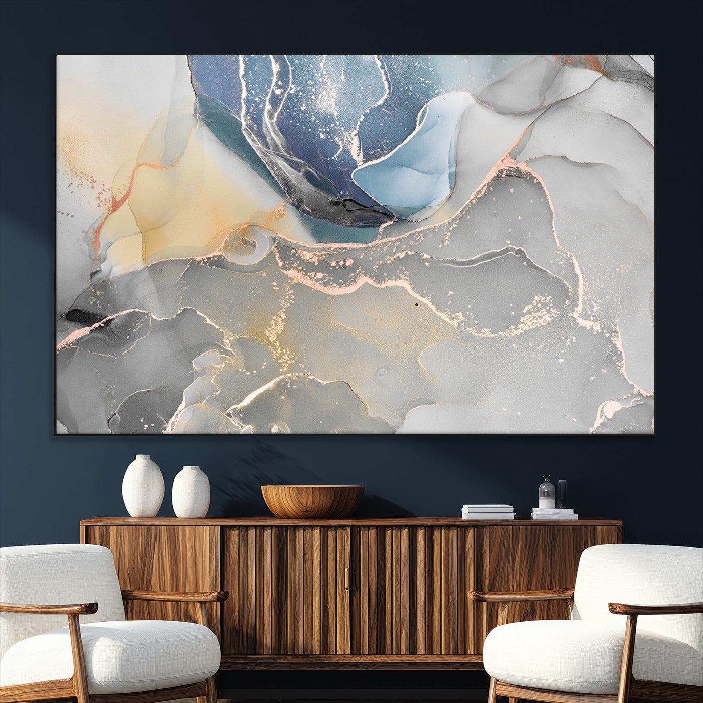 SEG-FC-51X34_Oversize - Large Abstract Blue and Gold Canvas Wall Art | Fluid Ink Artwork Print | Luxury Wall Decor for