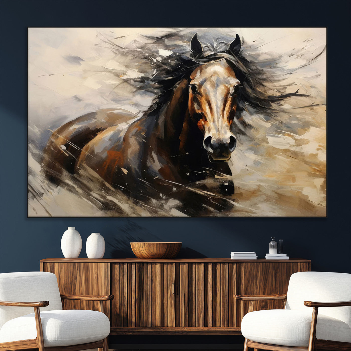 SEG-FC-51X34_Oversize - Abstract Wall Art Horse Print - Large Western Horse Canvas - Farmhouse Woodland Wall Art - Framed